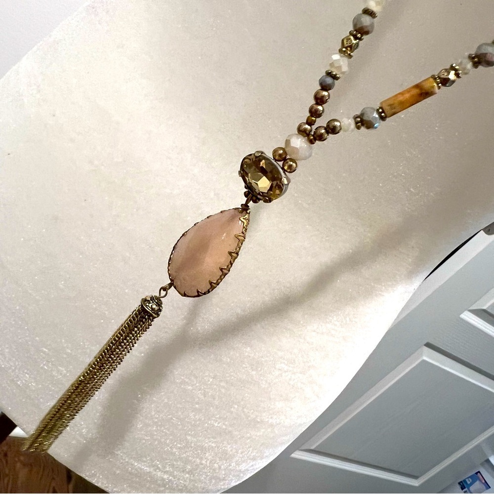 Long  tassel gold tone milky faceted stone rhinestones Necklace